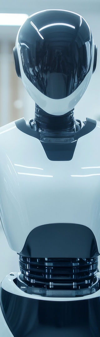 Full-body view of a humanoid robot standing upright.