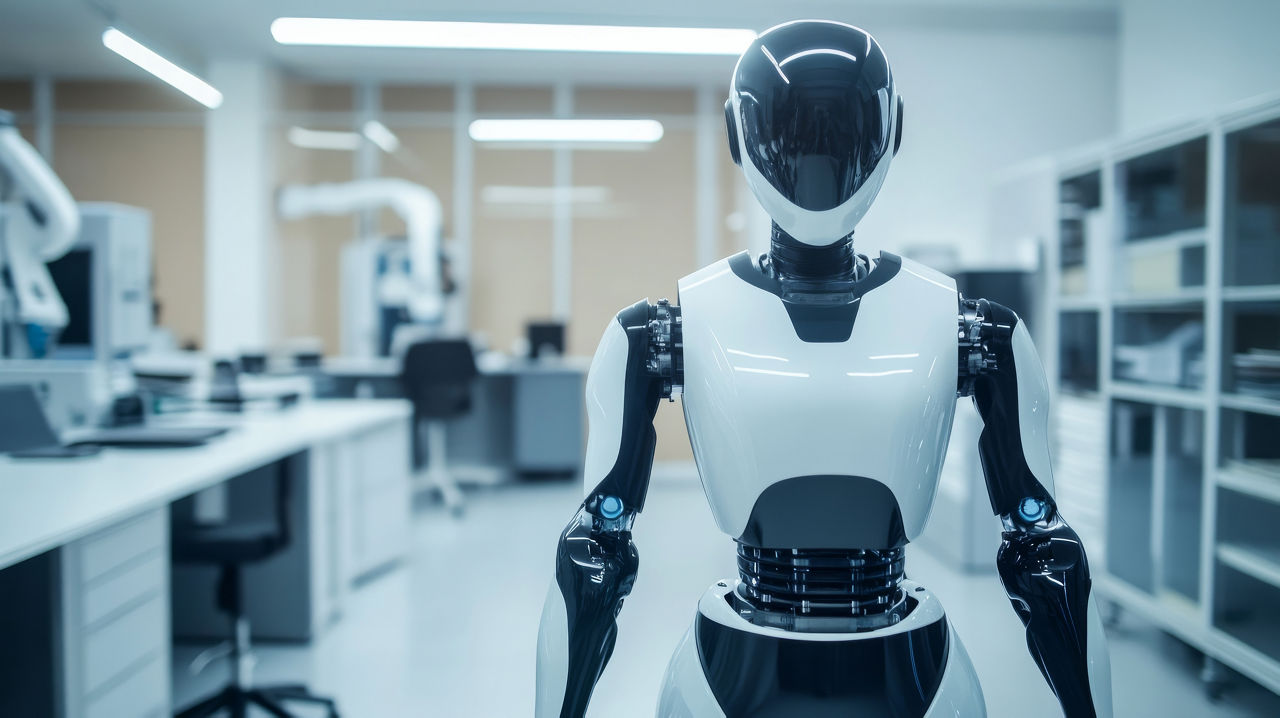 Full-body view of a humanoid robot standing upright.