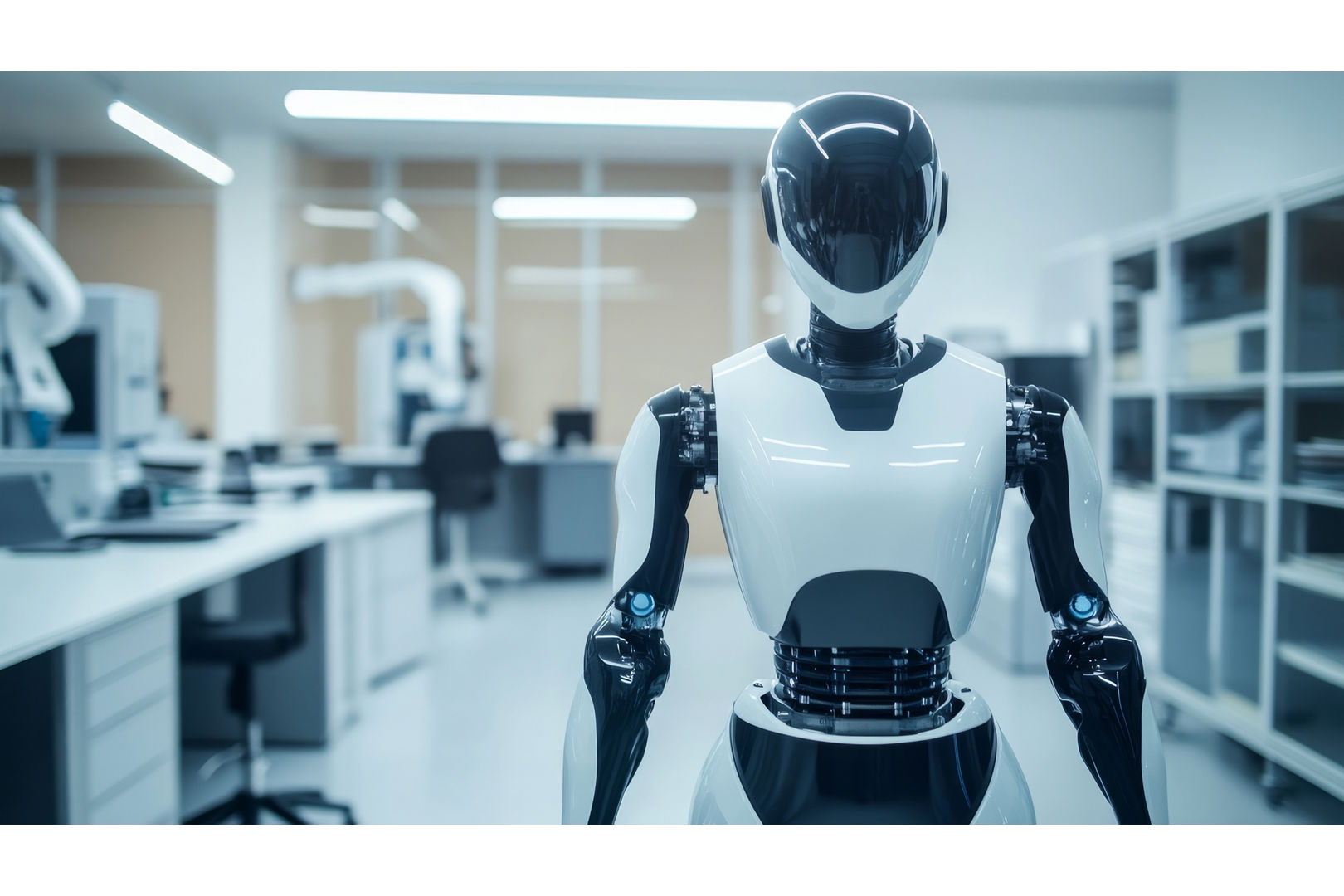 A full-body view of a humanoid robot with a sleek, futuristic design and integrated tech features, positioned in a clean