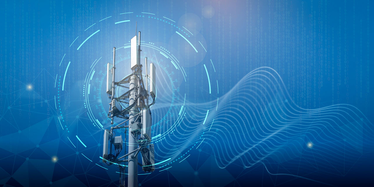 Telecommunication tower with 4G, 5G transmitters. Cellular base station with transmitting antennas on a telecommunication tower on a technological background with abstract waves