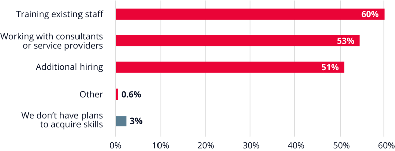 Bar chart showing 63% of respondents plan to train staff and 53% plan to use consultants to gain additional skills. 