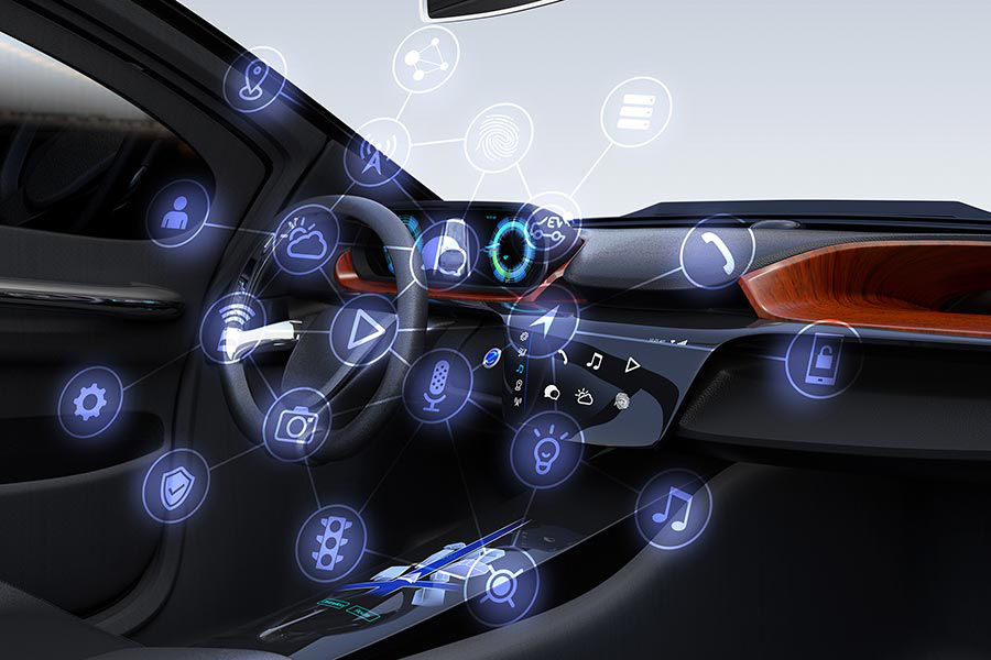 In-cabin driving console with illustration of software applications 