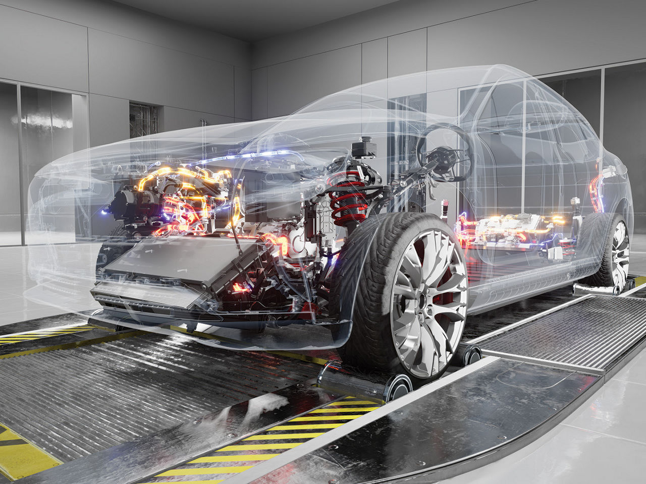 Transparent illustration of an electric vehicle exposing key components 