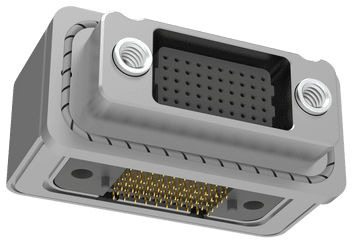 AirBorn FOCus Rugged Active Optical connector in a right-angle orientation with fixed jacknuts.