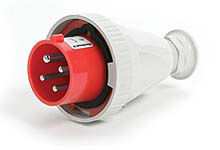 Molex IEC 309 Pin and Sleeve standard plug and connector with voltage color-correlated housing that includes pins protected from physical damage. 
